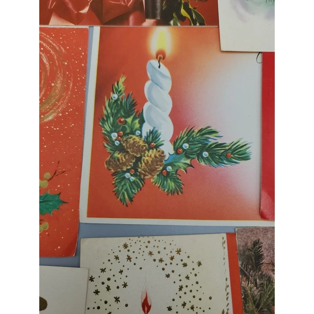 13 Old Vintage Used Greeting Card Fronts Crafts Poinsetta Candle Evergreen Holly